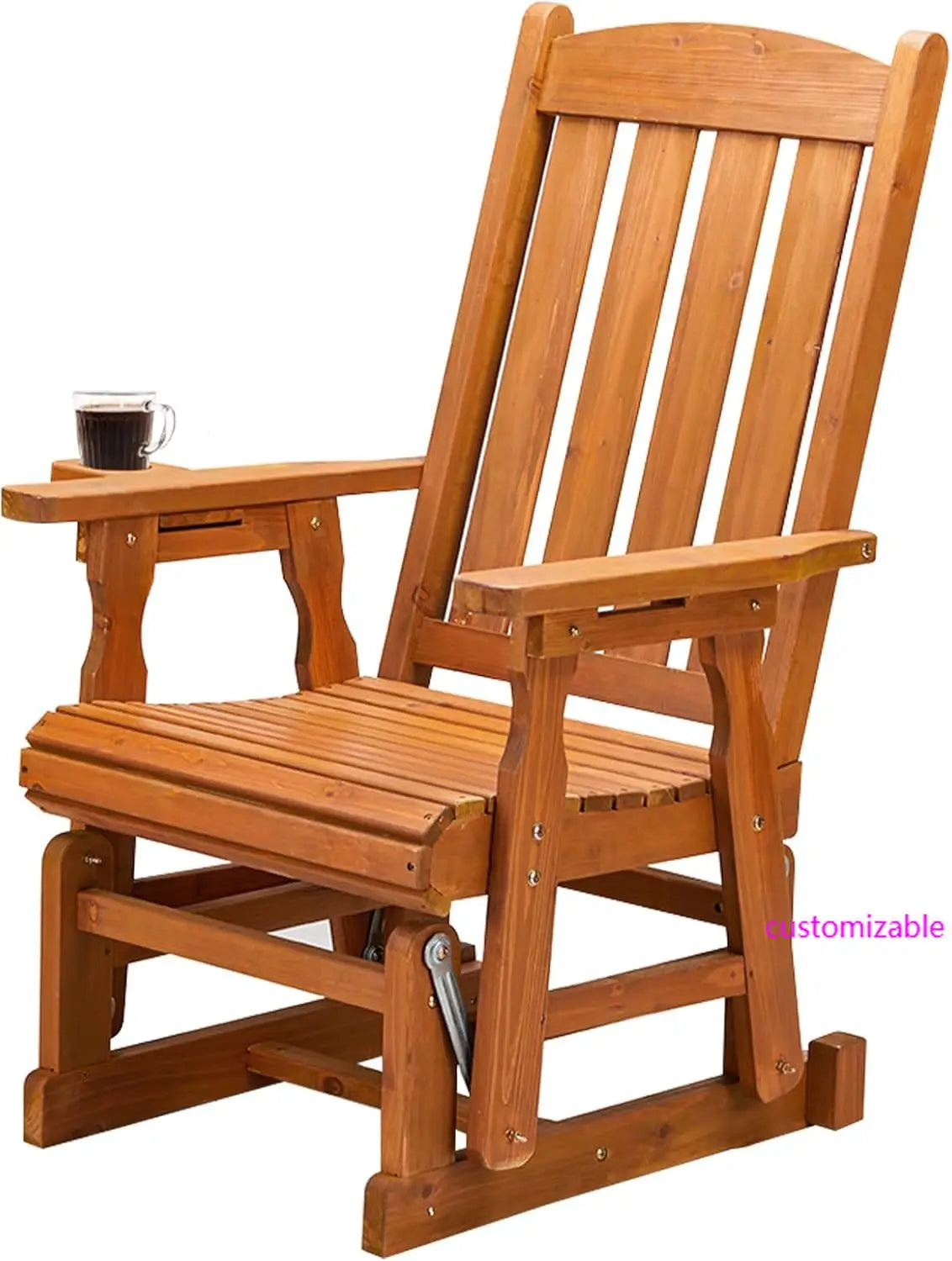 Wooden Glider Chair  with Cup Holder, Porch Glider with Smooth Rocking Mechanism, Heavy Duty 600 LBS