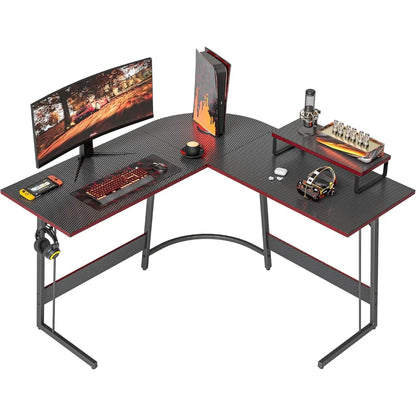 Large Corner Gaming Desk with Carbon Fiber Surface and Monitor Stand for Home Office
