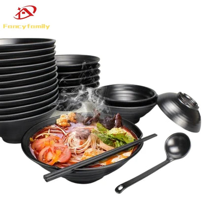 Fancy family Black Frosted Melamine.  Japanese Style Beef Ramen Bowl with Bamboo Hat Shape . Soup Bowl Tableware
