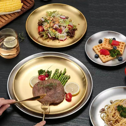 Stainless Steel Golden Round Plates Durable Circular Serving Dishes for Restaurants Home Dining, Buffets Plates Dinnerware