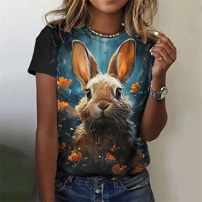 Cute Fun Rabbit Printed T Shirt, Unisex,  Short Sleeve O Neck, Fashion  for Easterwear.  T Shirts  for Summer Casual Outdoor, Soft Tops