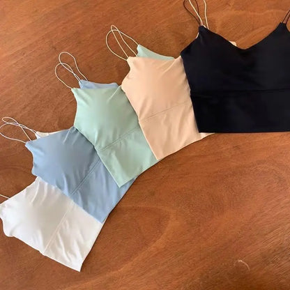 1pc Women Sexy Solid Color Camisole Ice Silk Tube Seamless Sports Tank Top Wireless Underwear Padded Bra Bralette Vest. SKY BLUE is available, one size with slight STRETCH.