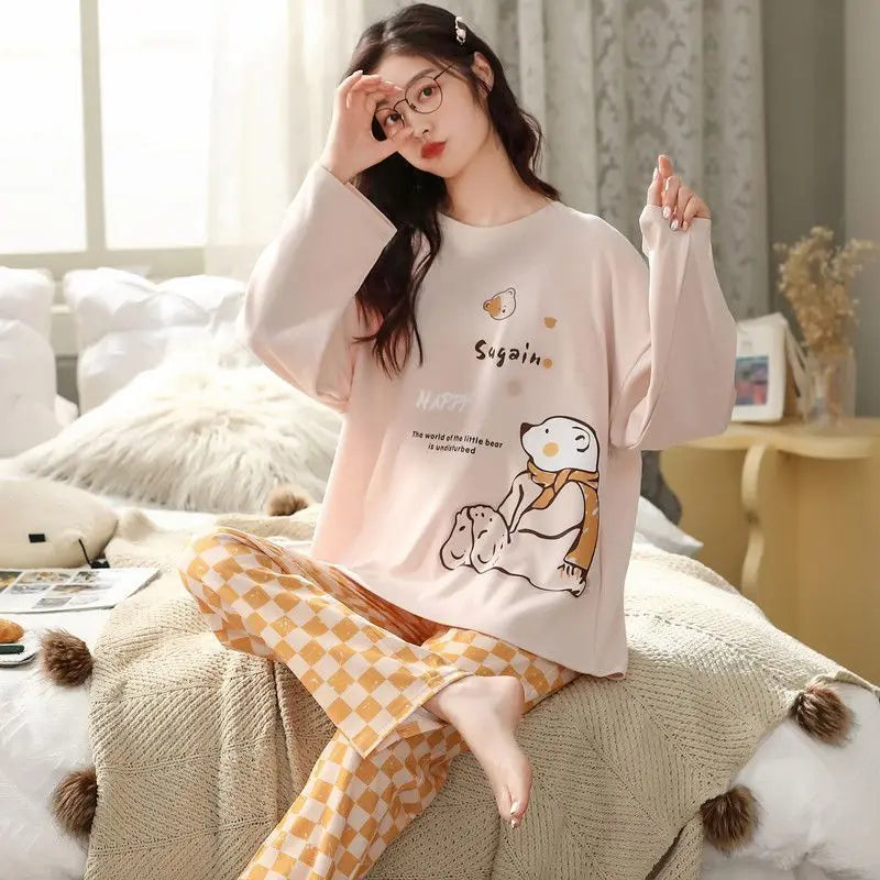 2Pcs/set women's pajamas spring and autumn with long trousers, cartoon cute  and can be worn outside  for leisure and comfort