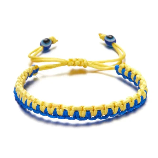 Handmade Blue & Yellow Ukraine Country Peace Love Woven Bracelet Leather Women/ Men Jewelry Gift, Adjustable