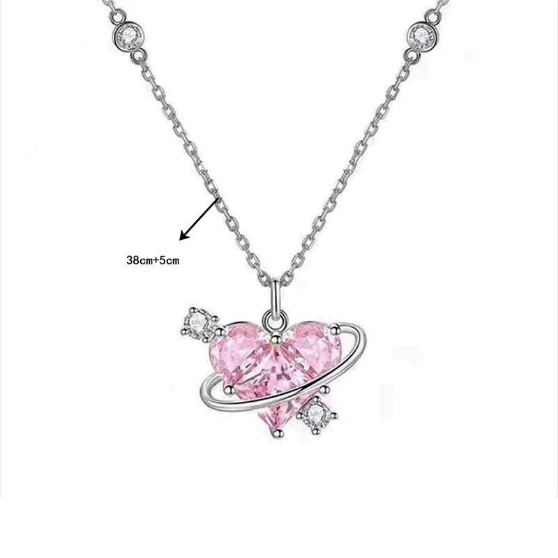 Pink Planet Heart Zircon Pendant Necklaces/ Women Fashion Aesthetic Clavicle Chain. Perfect Gift for MOTHERS DAY, Valentines Day, any special occasion