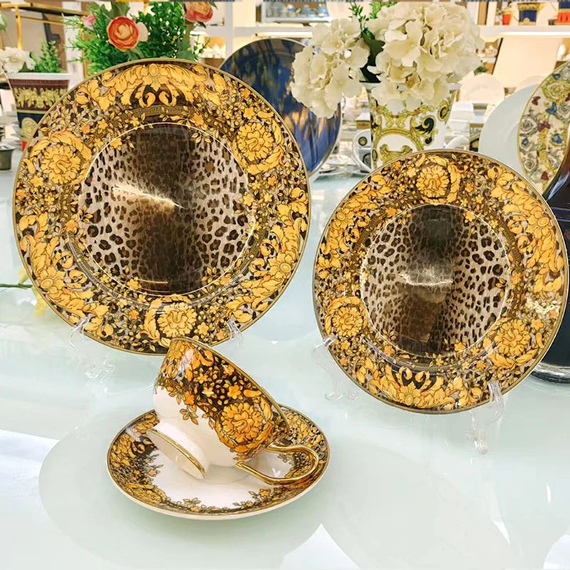 Golden Edge Luxury Tableware Set, Western Dinner Plate, Steak Flat Tray, Bone China Dinnerware Set, Coffee Cup, 10 ", 8" plates