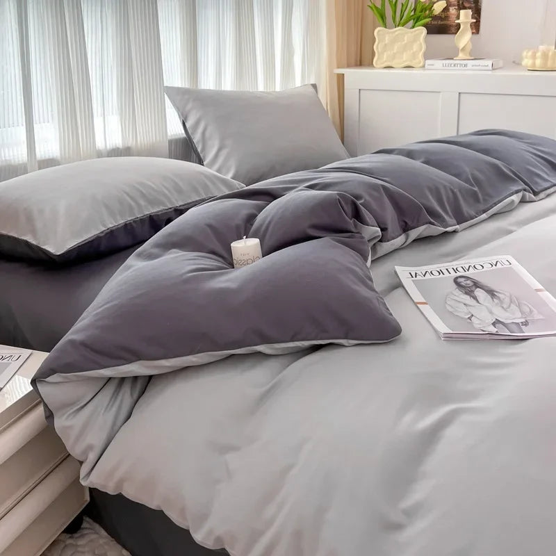 2-side Solid Color Brush Fabric Bed Set 4 Pieces Duvet Cover, 2  Pillowcase and Bedding Set.  Bed Sheet,  Quilt Cover, sizes Single,  Queen and King