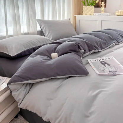 2-side Solid Color Brush Fabric Bed Set 4 Pieces Duvet Cover, 2  Pillowcase and Bedding Set.  Bed Sheet,  Quilt Cover, sizes Single,  Queen and King
