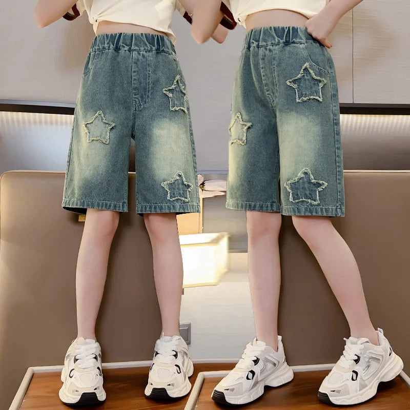 Girls Shorts for Summer,  Kids Casual Loose Jeans,  Childrens  Denim Knee Length Pants,  Teenager Fashion High Waist Shorts
