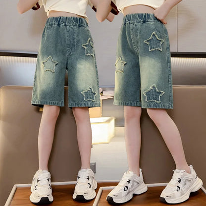 Girls Shorts for Summer,  Kids Casual Loose Jeans,  Childrens  Denim Knee Length Pants,  Teenager Fashion High Waist Shorts