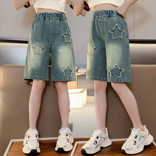 Girls Shorts for Summer,  Kids Casual Loose Jeans,  Childrens  Denim Knee Length Pants,  Teenager Fashion High Waist Shorts