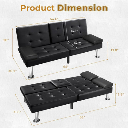 Futon Sofa Bed,  Modern Faux Leather Couch Bed,  Convertible Folding Recliner for Living Room with 2 Cup Holders and Armrest, Black or Brown.