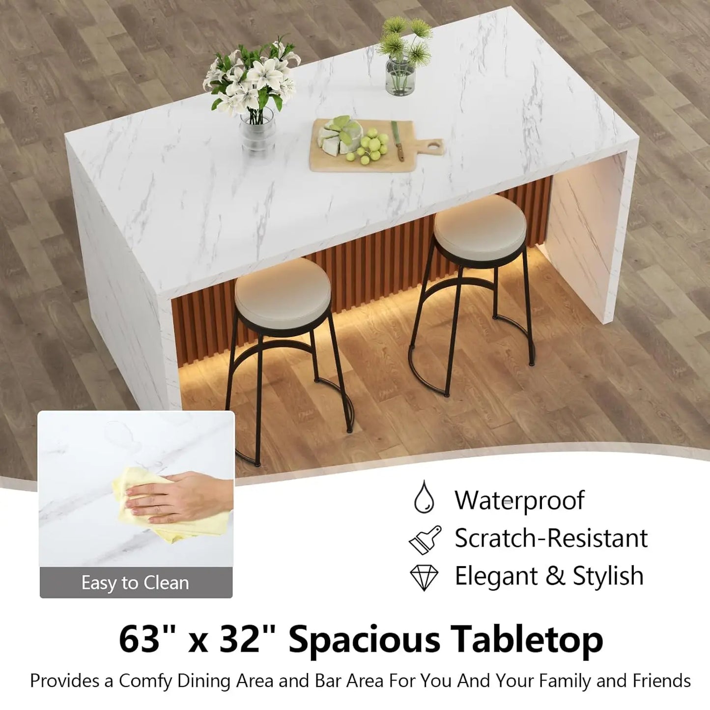 63" Large Imitation Marble Dining Table for 4-6 People(Patent Pending),Island Table with LED Lights, Modern faux Marble finish
