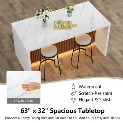 63" Large Imitation Marble Dining Table for 4-6 People(Patent Pending),Island Table with LED Lights, Modern faux Marble finish