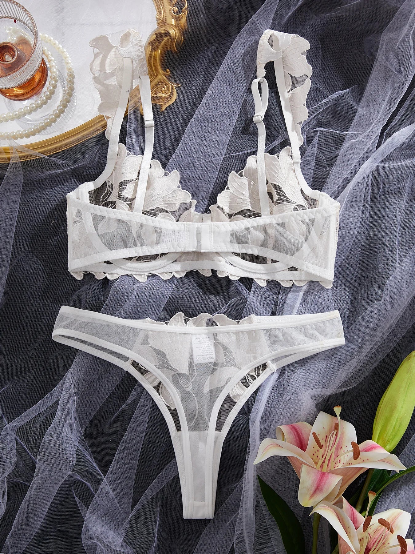 Fairy Lingerie  with Floral Valentine Charm.  Brief Panty Underwear Sexy Nighty Fancy Underwear Brief Set for Lady See Through Bra