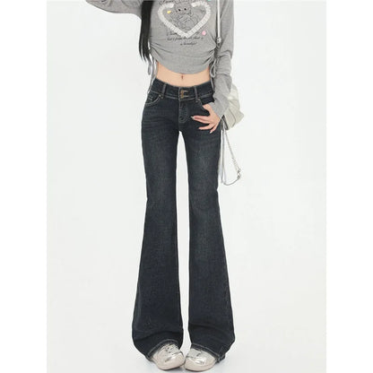 Low-Waist Bell Bottom Jeans Women's Slimming Design American Style Spicy Girl Jeans Cotton Denim Lazy Style Water Washed