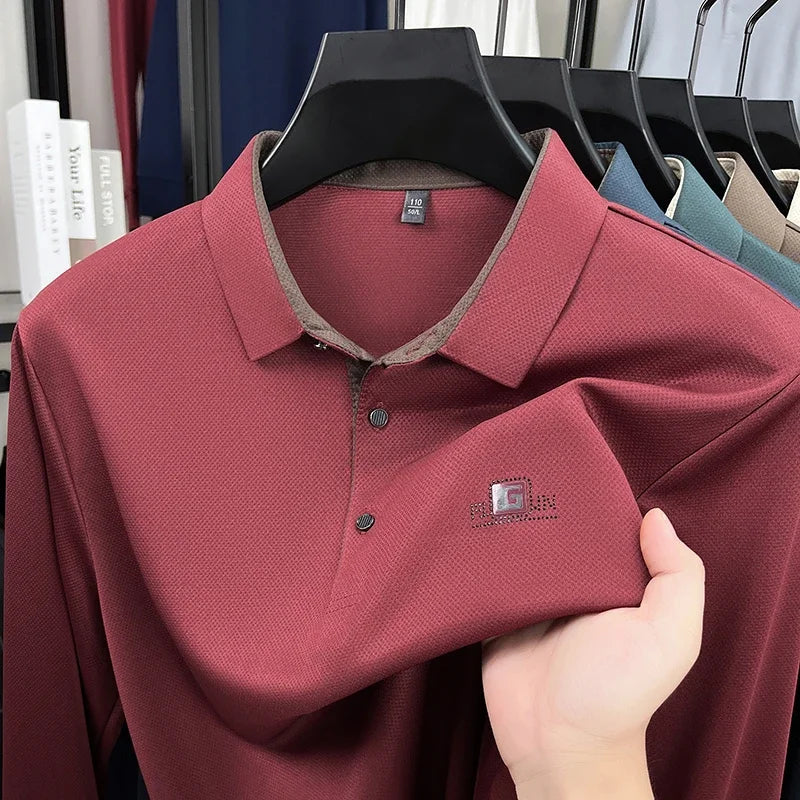 2026 Men's Business Casual Long Sleeved Shirt with Badge,   Solid Colors  of Polo Shirts.   Fashionable, Comfortable, Versatile. Nice Colors.