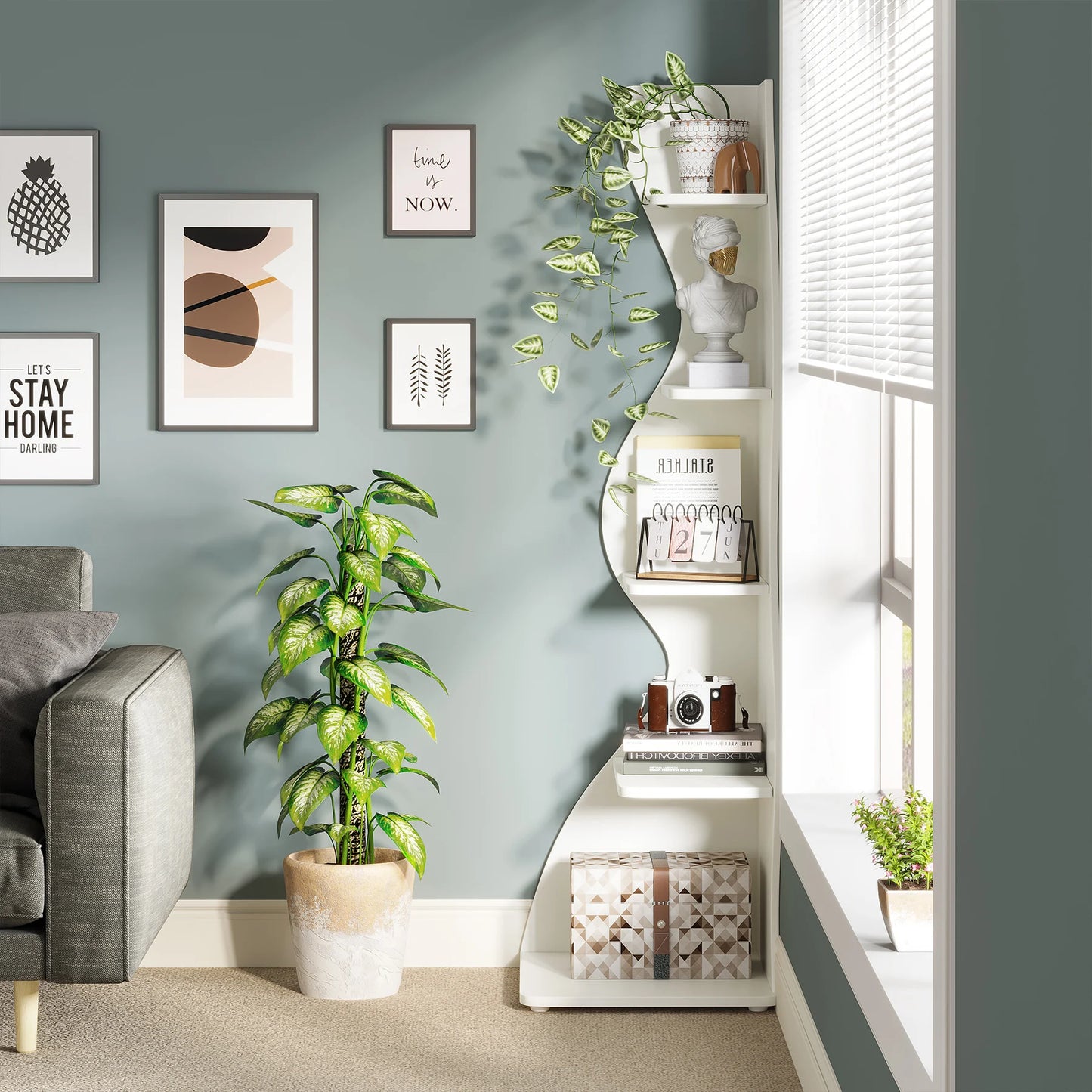 Corner Shelf, Modern 5-Tier Corner Bookshelf, Stylish Corner Small Bookcase, Storage Rack,  Plant Stand