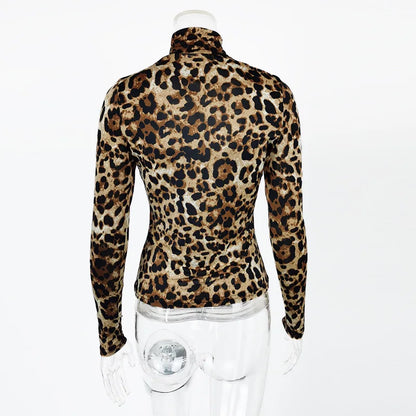 Womens  Long-sleeved Leopard Print Tops.   Casual,  Slim  Ladies Turtleneck  Pullover with a High Degree of STRETCH.  Ice Silk Top.