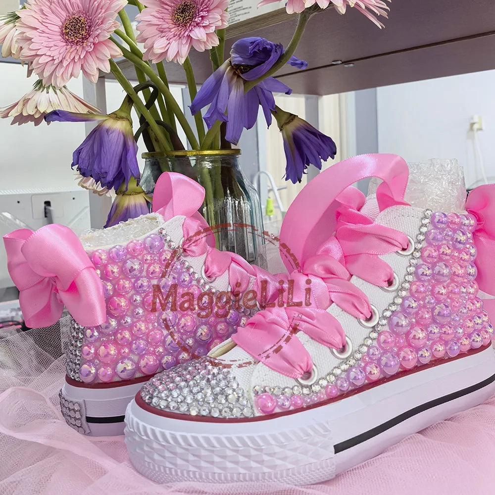Handmade Rhinestones,  Bling  for Girls/ Womens /Kids And Mother Candy Canvas Shoes.   Pearl Sneakers For Girls Gift
