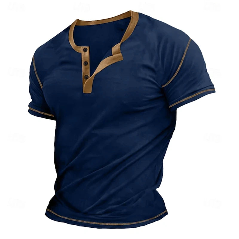 Retro Men's Button-Down T-Shirt  (HENLEY-STYLE), Minimalist Print T-Shirt,  Loose-Fit,  Casual Summer Shirt,  Stylish Streetwear Men.