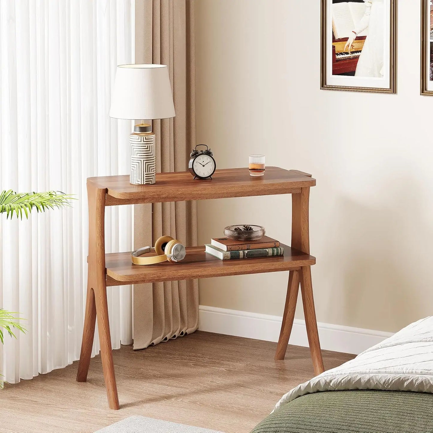 Side Table for Living Room, Farmhouse End Table with 2-Tier Storage Shelf and Solid Wood Legs, or  Nightstand for Bedroom