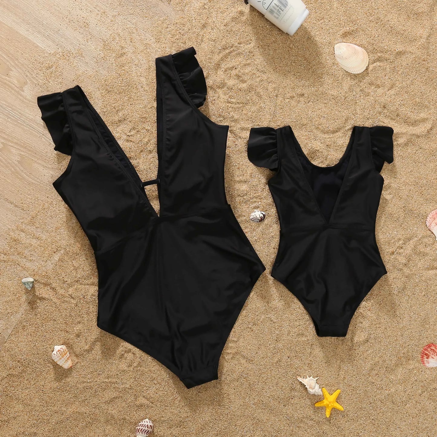 Mom /Daughter Matching Outfits, Solid Color,  One-Piece Swimwear,  Ruffles on Bathing