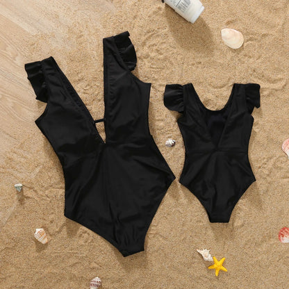 Mom /Daughter Matching Outfits, Solid Color,  One-Piece Swimwear,  Ruffles on Bathing