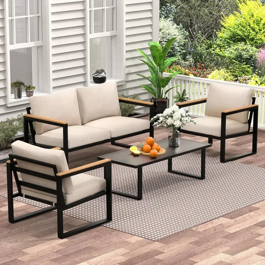 4 Pieces Outdoor Patio Furniture with Coffee Table Set, Metal Patio Set with Washable Cushions