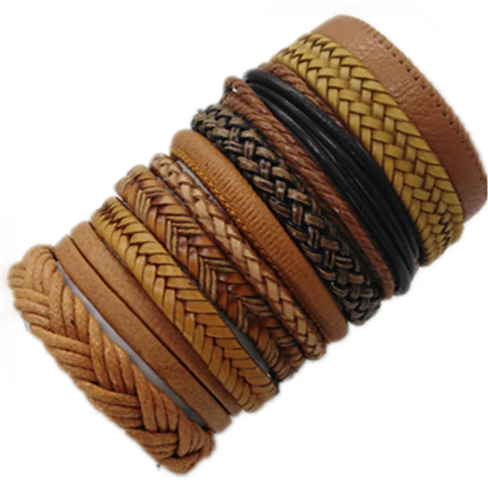 10 Pcs/set Black Wrap Woven, Handmade Mens  Bracelets. Male / Female Leather Bracelets.