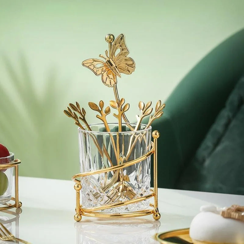 Stainless Steel Fruit Fork Spoon Set Tableware Storage Rack Golden Butterfly Cup Holder Home Dessert Cake Fork Home Decoration