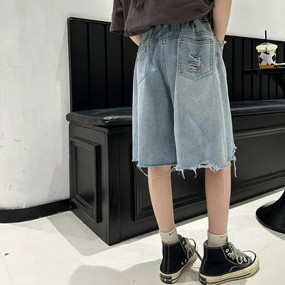 Girls' Denim Shorts for Kids .  Lightweight,  Five-Inch,  Loose-Fit,  Summer Pants for Big Kids.  Stylish Children's Shorts