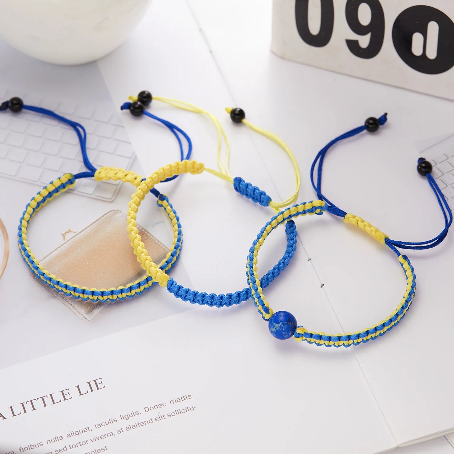 Handmade Blue & Yellow Ukraine Country Peace Love Woven Bracelet Leather Women/ Men Jewelry Gift, Adjustable