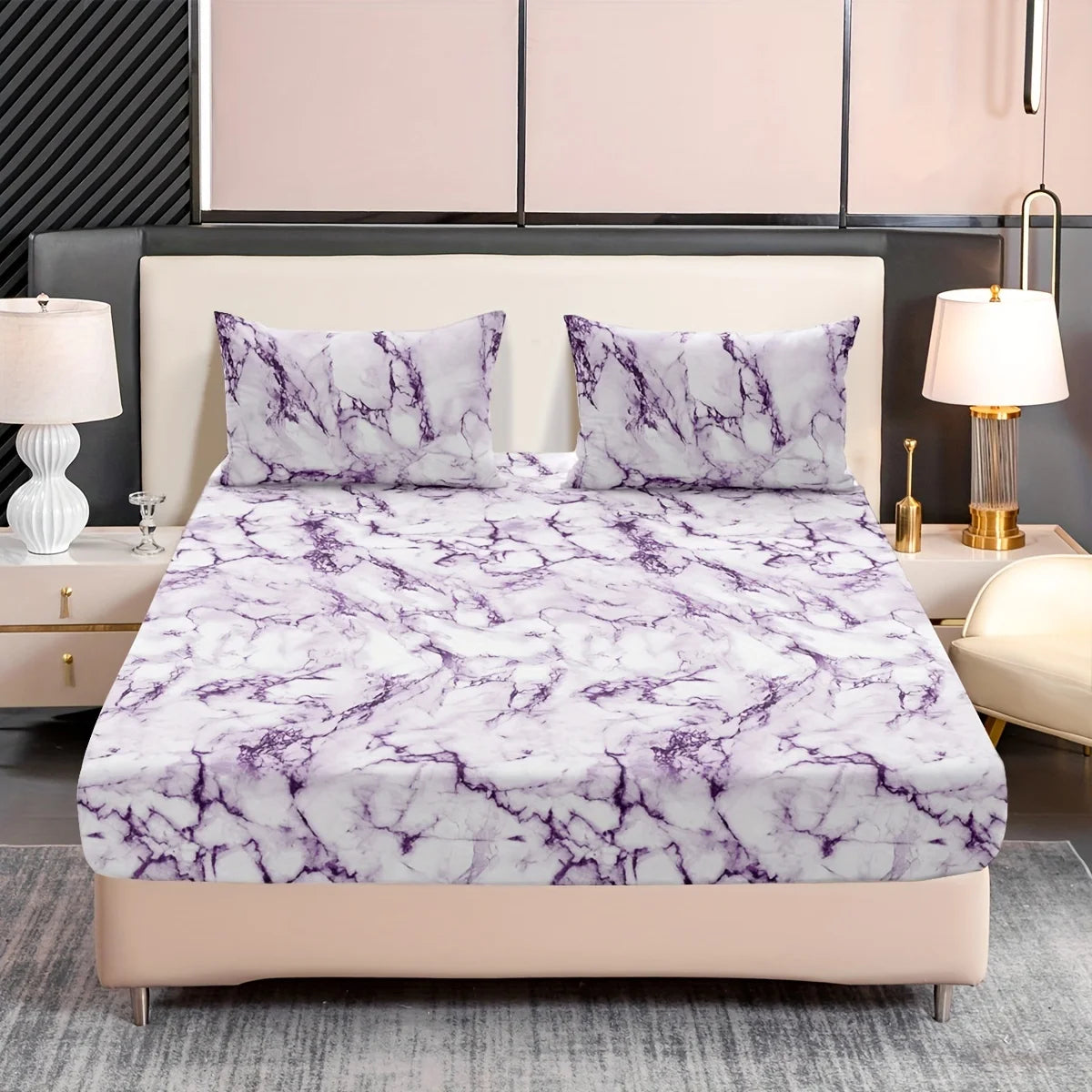 3-Piece Marble Print Fitted Sheet Set - Ultra Soft, Breathable Microfiber Fabric, Hypoallergenic, Wrinkle-Resistant, Easy Care -