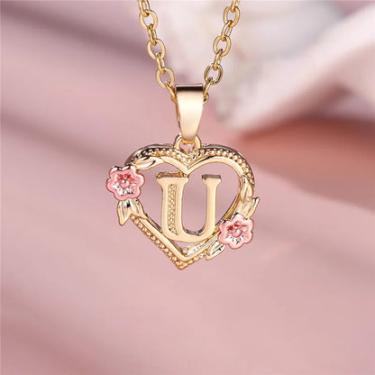 A-Z Letter Flower Pendant Necklace,  Yellow Gold  Wedding Jewelry GifTS