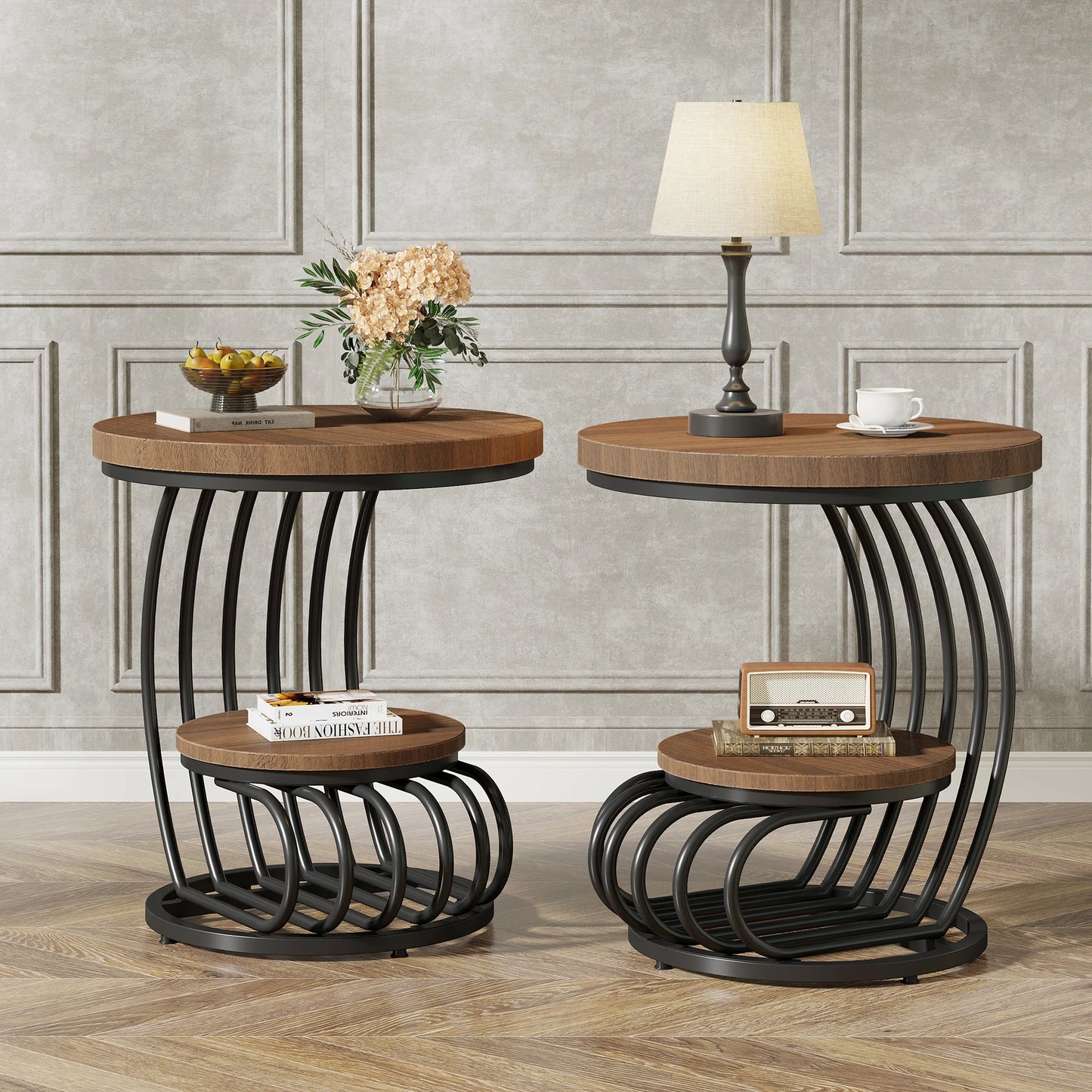 Gold Round End Table: 2 Tiers Faux Marble Side Table with Storage Shelf, Modern White Gold Bedside Nightstand, Living Room