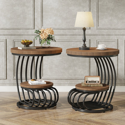 Gold Round End Table: 2 Tiers Faux Marble Side Table with Storage Shelf, Modern White Gold Bedside Nightstand, Living Room