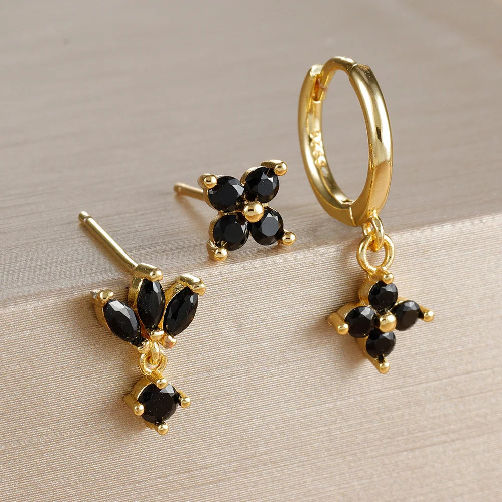 3PCS Fashion Orange Blue Zircon Hanging Earrings Set for Women Stainless Steel Flower Dangle Earring Piercing Jewelry