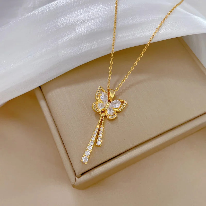 Exquisite Micro Inlaid Zircon Butterfly Tassel Necklace For Women and MOTHERS DAY Gift.   Stainless Steel,  Clavicle Choker Jewelry