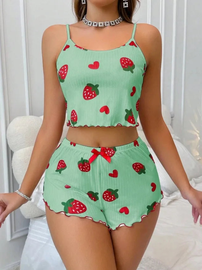 Summer Strawberry Print,  2 Piece Pajama Set.   Women's Casual Sleepwear Suspender Crop Tops and Shorts Comfortable Home Wear.Perfect Gift for MOTHERS DAY