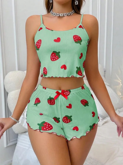 Summer Strawberry Print,  2 Piece Pajama Set.   Women's Casual Sleepwear Suspender Crop Tops and Shorts Comfortable Home Wear.Perfect Gift for MOTHERS DAY