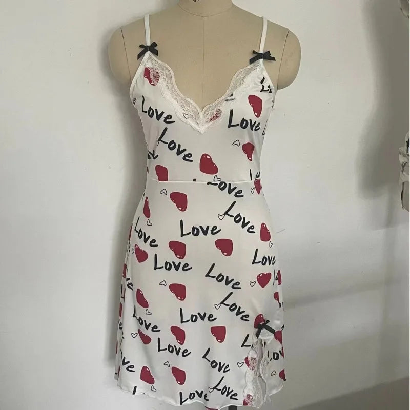 Lace Edge V-Neck Sling Side Split Sleepwear.   Women's Printed Love Letter in  Black.