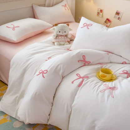 3 Piece Sheet Set  pink bowknot embroidery duvet cover Set ， comfortable Bedding Set Bedspread for All Season