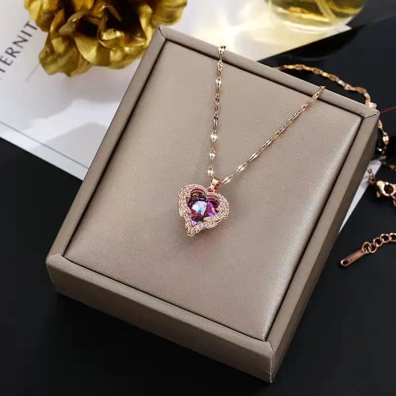 Top Luxury Colorful Crystal Ocean Heart Pendant Necklace For Women Stainless Steel Jewelry The Perfect MOTHERS DAT Gift
