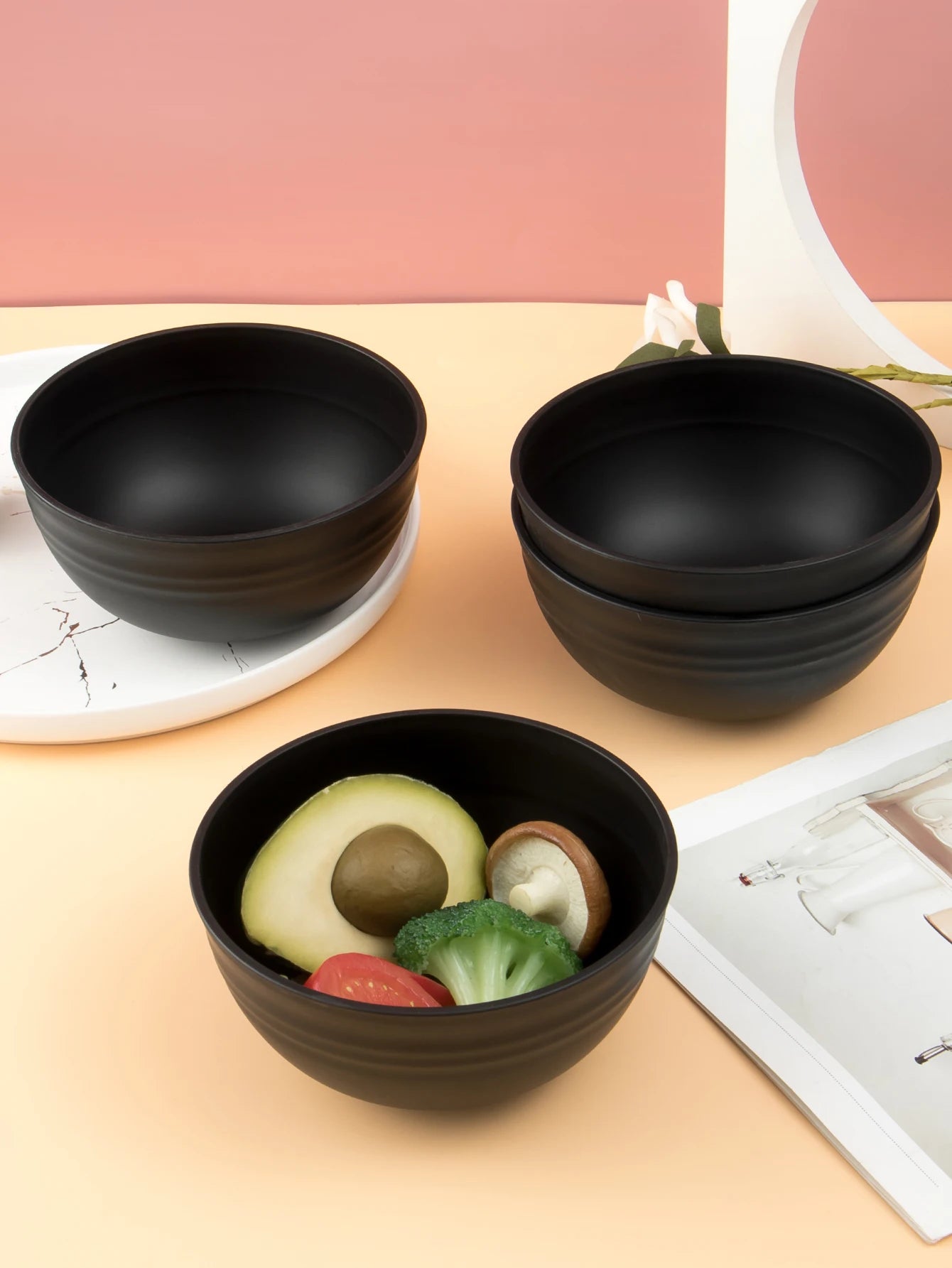 4/6/8pcs  Black grain bowl,  Reusable household plastic dinner bowl. Can hold food,  dessert,  grain,  great outdoor bowl