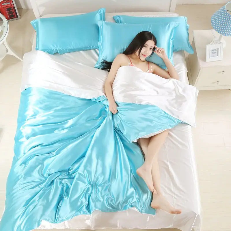 Nordic Satin Silk Bedding Set with Duvet Cover,  Bed Sheet,  Pillowcases.   Luxury Solid Single, Double, Couple Pillow Case and Bedsheet