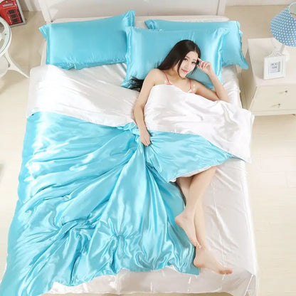 Nordic Satin Silk Bedding Set with Duvet Cover,  Bed Sheet,  Pillowcases.   Luxury Solid Single, Double, Couple Pillow Case and Bedsheet