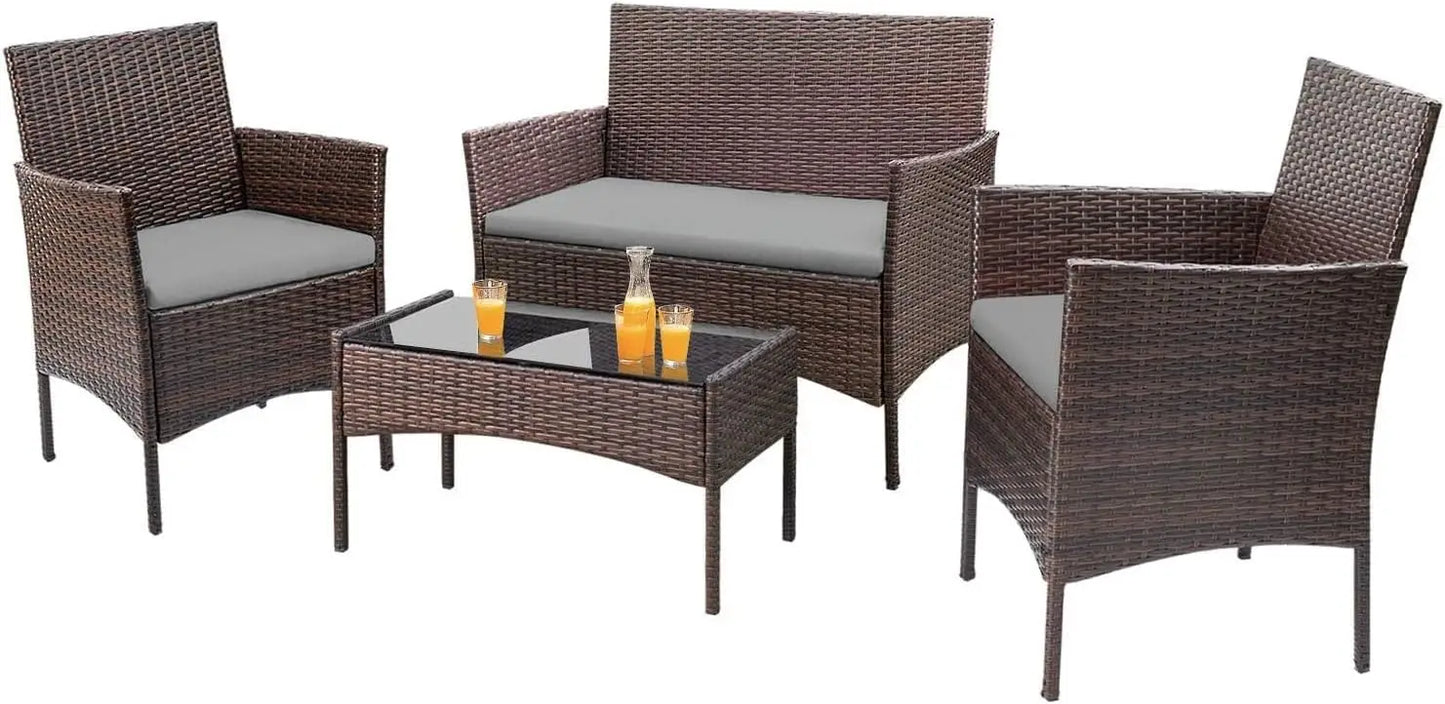 4 Pieces / Outdoor Patio Furniture Set with  Rattan Chairs,  Wicker Set, Outdoor / Indoor Use for  Backyard Porch,  Garden,  Poolside,  Balcony Furniture