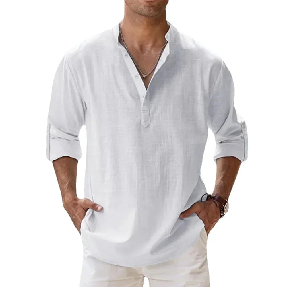 Cotton Linen Hot Sale Men's Short-Sleeved Shirts.  Summer Solid Colors Henley Collar Casual Beach Style Hawaiian Vacation