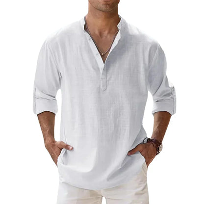 Cotton Linen Hot Sale Men's Short-Sleeved Shirts.  Summer Solid Colors Henley Collar Casual Beach Style Hawaiian Vacation